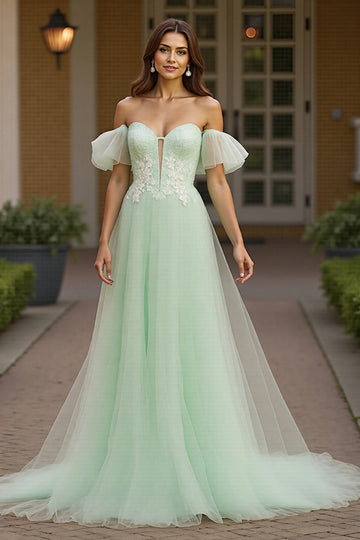 Off The Shoulder Ruffle Sleeve Appliqued Green Prom Dress